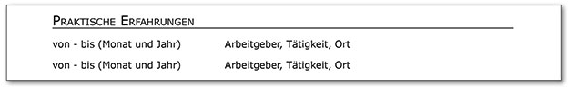 Muster der Angaben eines Praktikums im Lebenslauf